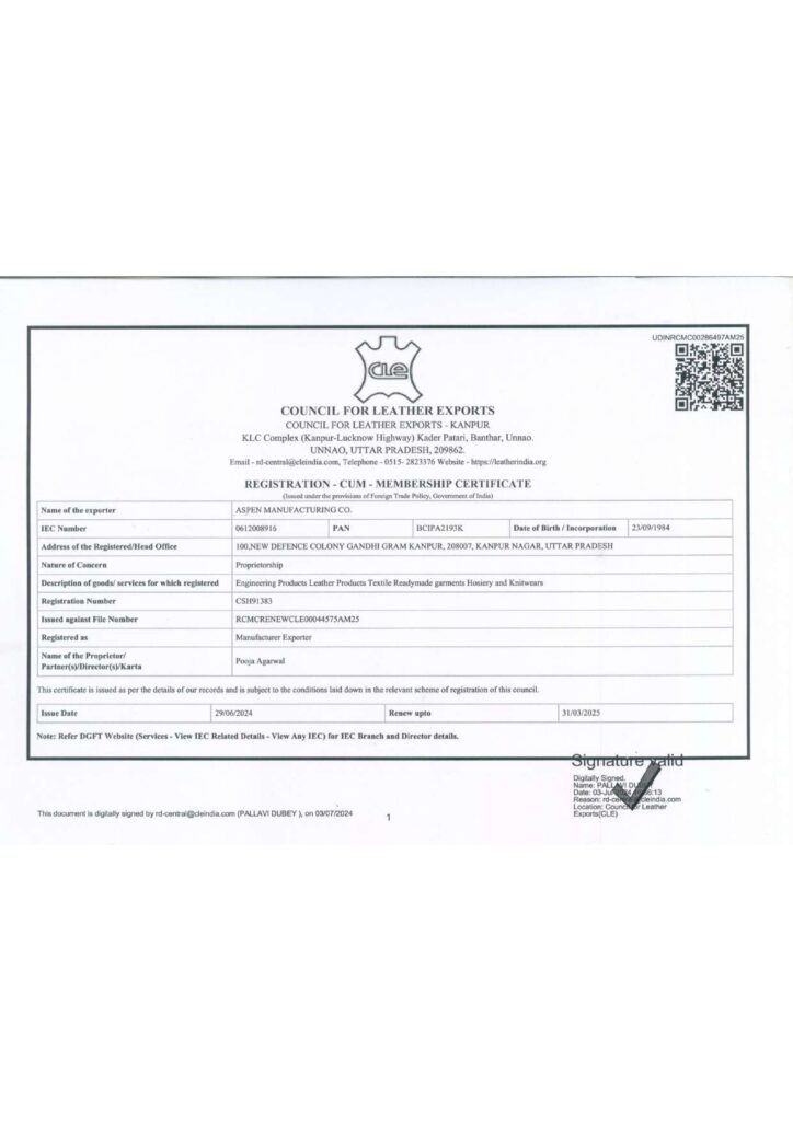 ASPEN MANUFACTURING CO CLE CERTIFICATE 2023 2024 page 0001