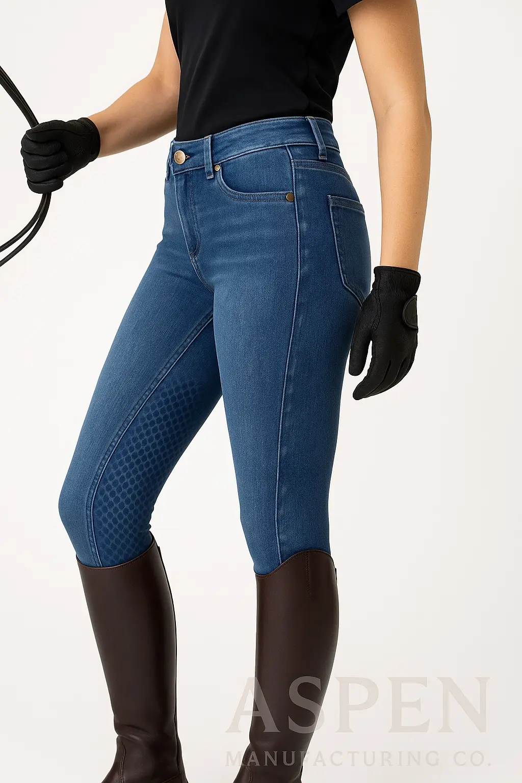 Woman wearing blue denim riding breeches