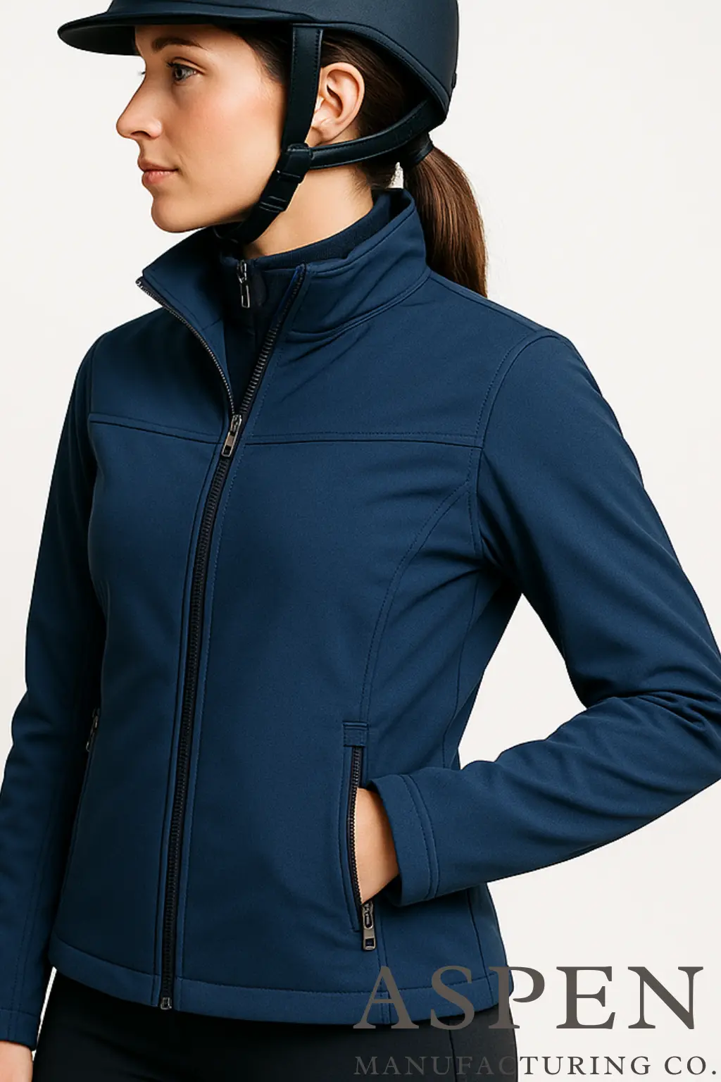 equestrian wearing a navy blue zip-up riding jacket.