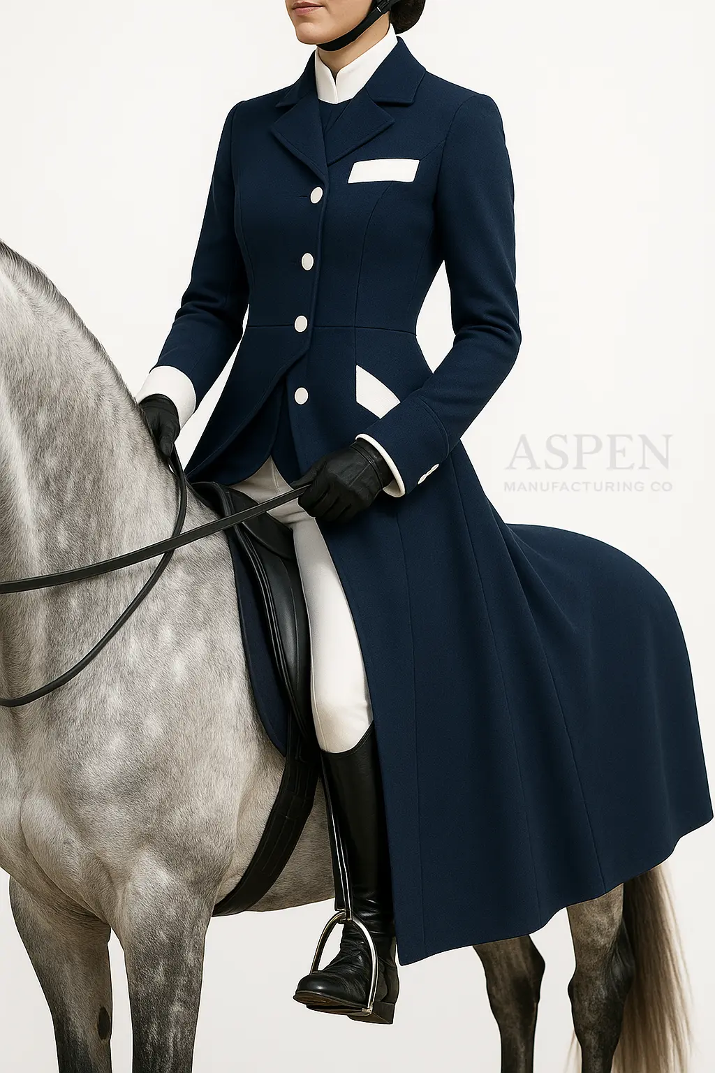 Equestrian rider wearing a navy blue long riding coat